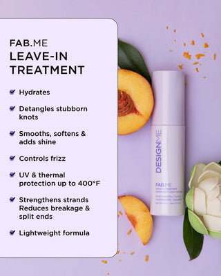 Travel-size FAB.ME Leave-In Treatment detangles knots, smooths, controls frizz, reduces breakage, and offers UV & thermal protection up to 400°F.