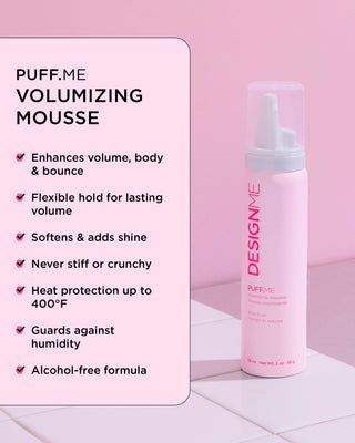 Travel-size PUFF.ME Volumizing Mousse with a list of key benefits: boosts volume, body, bounce, adds shine, medium hold, heat protection, never stiff or crunchy.