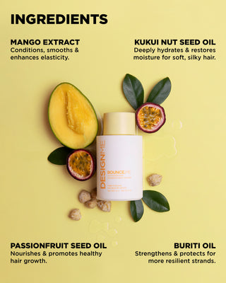 BOUNCE.ME Curl Conditioner with key ingredients: kukui nut seed, passionfruit seed, buriti oils, and mango extract and their benefits.
