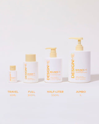 Image showing the four available formats of BOUNCE.ME Curl Conditioner: travel size 50ml, full size 300ml, half-liter 500ml, and jumbo 1-liter bottles.