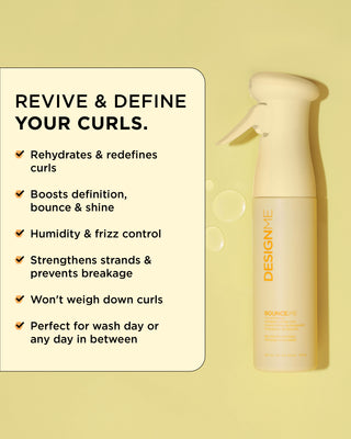 Image of BOUNCE.ME Curl Enhancer Mist with key features and benefits: rehydrates and redefines curls, reduces frizz, adds hydration and shine.