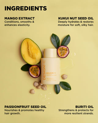 Image of BOUNCE.ME Curl Shampoo bottle alongside key ingredients: mango extract, kukui nut seed, passionfruit seed, and buriti oils.