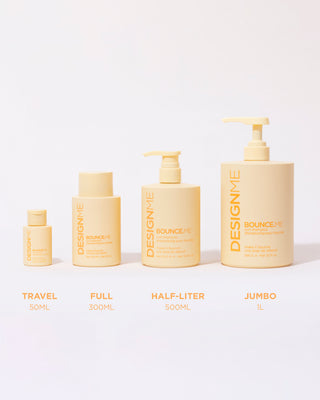 Image showing the four available formats of BOUNCE.ME Curl Shampoo: travel size 50ml, full size 300ml, half-liter 500ml, and jumbo 1-liter bottles.