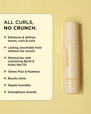 Image of the BOUNCE.ME Curl Spray Gel bottle with a little list of key features