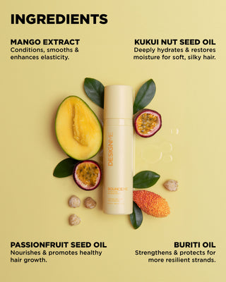 Image of BOUNCE.ME Curl Spray Gel bottle alongside key ingredients: mango extract, kukui nut seed, passionfruit seed, and buriti oils.