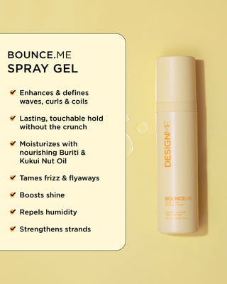 Close-up of BOUNCE.ME Curl Spray Gel bottle and its lightweight texture, with a list of key benefits.