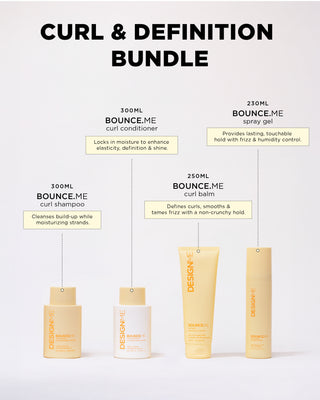BOUNCE.ME Curl & Definition Bundle: shampoo & conditioner (300ml), balm (250ml), spray gel (230ml) to define curls, hydrate, and boost shine.