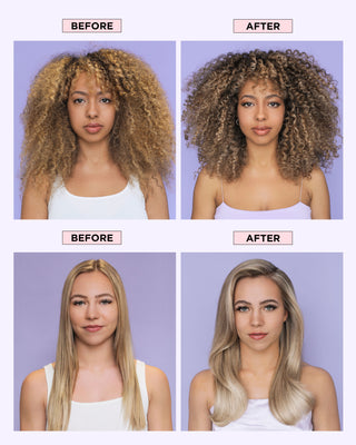 Before and after using FAB.ME BLONDE Shampoo; tones neutralized, strands hydrated and strong.