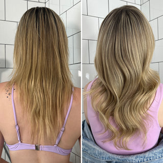 Before and after using FAB.ME BLONDE Fortifying Shampoo; tones neutralized, strands hydrated and strong.