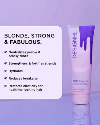 FAB.ME BLONDE Shampoo with little list of key benefits: neutralizes brass, hydrates, strengthens, restores.