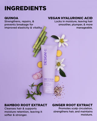 FAB.ME BLONDE bottle surrounded by quinoa, vegan hyaluronic acid, bamboo, and ginger root extracts, nourishing ingredients.