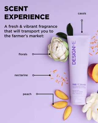 Scent cues for FAB.ME BLONDE Fortifying Purple Shampoo with fruity and floral notes