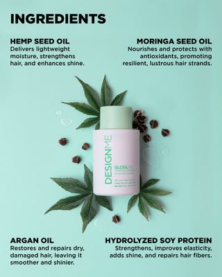 GLOSS.ME Hydrating Conditioner with key ingredients: moringa, hemp, argan seed oils, and hydrolyzed soy protein and their benefits.