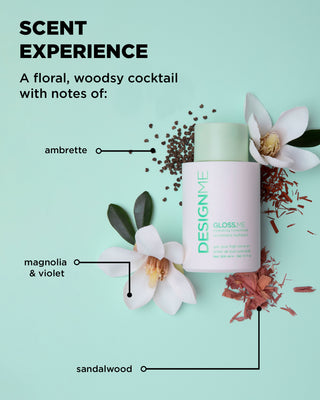 Scent cues for GLOSS.ME Hydrating Conditioner with floral and woodsy notes.