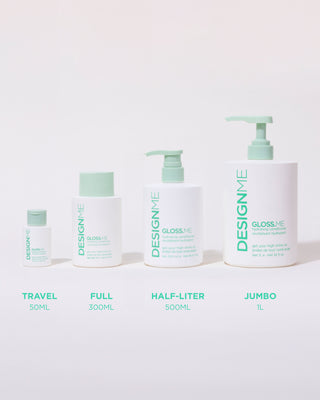 Image showing the four available formats of GLOSS.ME Hydrating Conditioner: travel size 50ml, full size 300ml, half-liter 500ml, and jumbo 1-liter bottles.