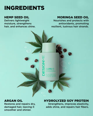 GLOSS.ME Hydrating Shampoo with key ingredients like Argan, Hemp, Moringa Seed Oils & Hydrolyzed Soy Protein for nourished, shiny, hydrated hair.
