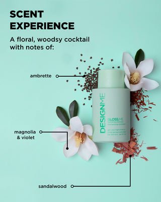 Scent cues for GLOSS.ME Hydrating Shampoo with floral and woodsy notes.