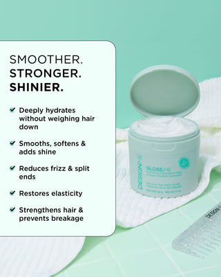 Image of the GLOSS.ME Hydrating Treatment Mask jar opened, showing the product, with key features and benefits list