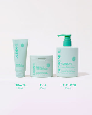 Image displaying GLOSS.ME Hydrating Shampoo in four sizes: travel 90ml, full 250ml, and half-liter 500ml bottles.