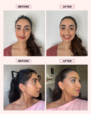 Models before and after uses DESIGNME HOLD.ME Styling Stick leaving a sleek, glossy, flake-free finish.