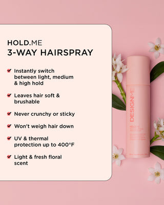 Design.Me 3-way hairspray bottle with product features on a peach background