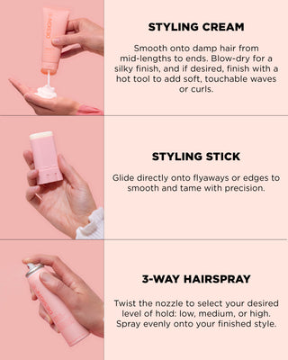Usage instructions for hair products including styling stick, styling cream and hairspray.