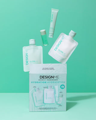 DESIGNME Hydrating Discovery Kit displayed with its shine- and hydration-enhancing hair care products.
