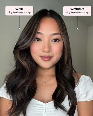 Model with PUFF.ME volumizing texture spray on one side, showing noticeably fuller, lifted hair compared to the untreated side.