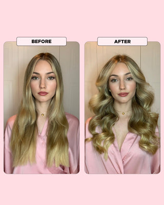 Before and after comparison of a model using PUFF.ME volumizing mousse to create big, voluminous waves.