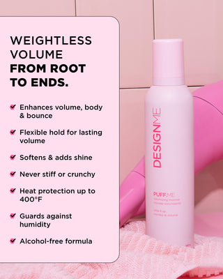 Image of the PUFF.ME Volumizing Mousse bottle with key features and benefits