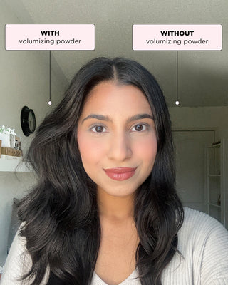 Model with PUFF.ME volumizing powder on one side, showing noticeably fuller, lifted hair compared to the untreated side.