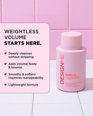 Image of the PUFF.ME Volumizing Shampoo bottle with key features: gently cleanses, boosts volume and bounce, smooths and softens, lightweight formula.