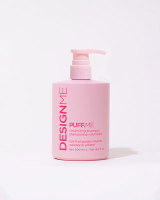 Front view of PUFF.ME Volumizing Shampoo half-litre bottle with pump for easy use.