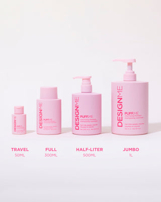 Image showing the four available formats of PUFF.ME Volumizing Shampoo: travel size 50ml, full size 300ml, half-liter 500ml, and jumbo 1-liter bottles.