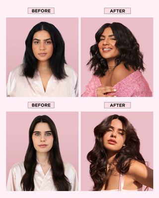 Before and after using DESIGNME PUFF.ME Volumizing Treatment Whip on short and long hair