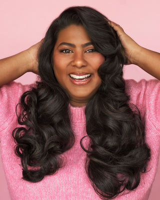 Model using DESIGNME PUFF.ME Volumizing treatment whip for volume and lift