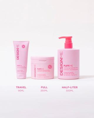 Image showing the four available formats of PUFF.ME Volumizing treatment whip: travel size 90ml, full size 250ml and half-liter 500ml bottles.