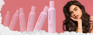 DESIGNME PUFF.ME Volumizing Mousse and model with voluminous styled hair