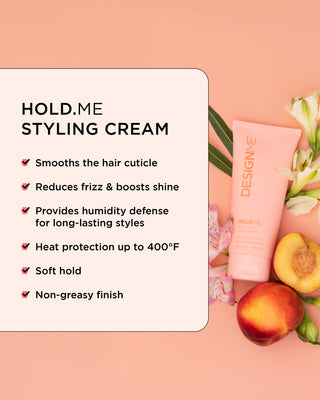 HOLD.ME styling cream smooths cuticle, reduces frizz and boosts shine, heat protection and has a soft hold. 