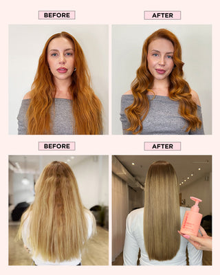 Dry, frizz hair on the left. Sleek, smooth and shiny hair on the right.