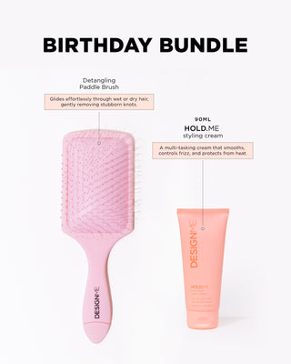 Detangling Paddle Brush glides effortlessly through wet or dry hair, gently removing stubborn knots. HOLD.ME styling cream is a multi-tasking cream that smooths, controls frizz, and protects from heat.