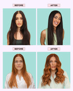 Models with dry, frizzy hair on the left and shiny, hydrated, styled hair on the right after using DESIGNME Adventure Awaits Kit.