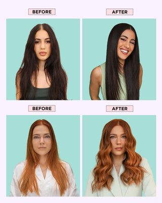 Models with dry, frizzy hair on the left and shiny, hydrated, styled hair on the right after using DESIGNME Adventure Awaits Kit.