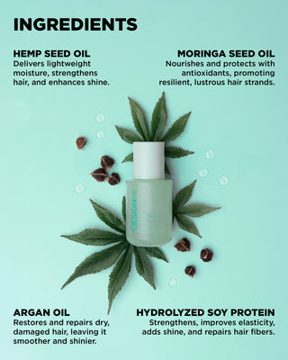GLOSS.ME hair oil ingredients includes moringa seed oil, hemp seed oil, argan oil, and hydrolyzed soy protein.