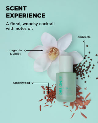 GLOSS.ME hair oil scent experience is a floral, woodsy cocktail with notes of ambrette, magnolia, violet, and sandalwood.