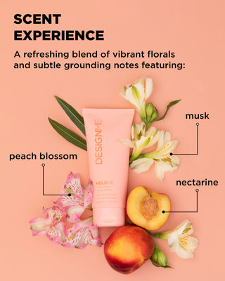 HOLD.ME styling cream scent experience includes a refreshing blend of vibrant florals and notes of musk, peach blossom, and nectarine.