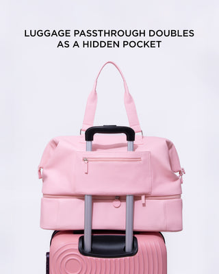 The bag includes a luggage passthrough that doubles as a hidden pocket for extra storage.