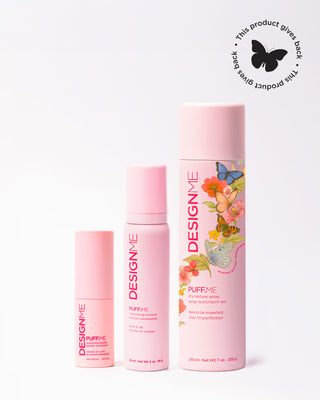Limited edition womens month PUFF.ME dry texture spray, PUFF.ME volumizing mousse, PUFF.ME volumizing powder sit on a grey background. A sticker in the top right corner with 'This product gives back'.