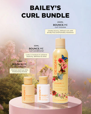 BOUNCE.ME curl mousse creates bouncy, defined curls with all-day frizz humidity resistance. BOUNCE.ME curl conditioner locks in moisture to enhance elasticity, definition & shine, BOUNCE.ME curl shampoo cleanses build-up while moisturizing strands.