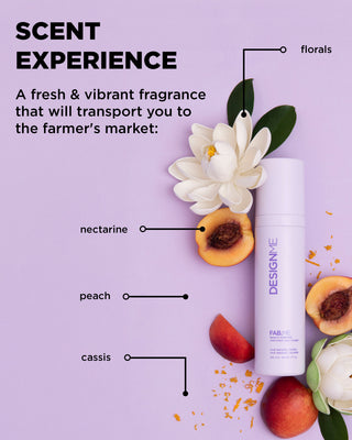 FAB.ME leave-in treatment scent experience includes florals, nectarine, peach and cassis.